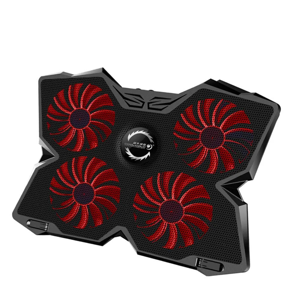 Blue laptop cooling base with four LED fans and two USB ports for computer heat dissipation