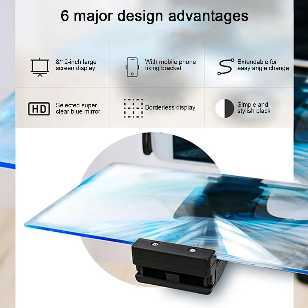 Black 12-inch mobile phone screen amplifier with adjustable bracket on a table.