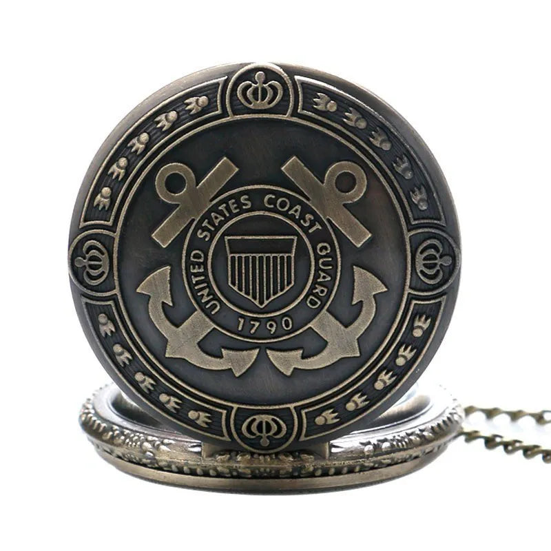 Bronze US Coast Guard 1790 pocket watch with chain, quartz movement, 4.8cm diameter