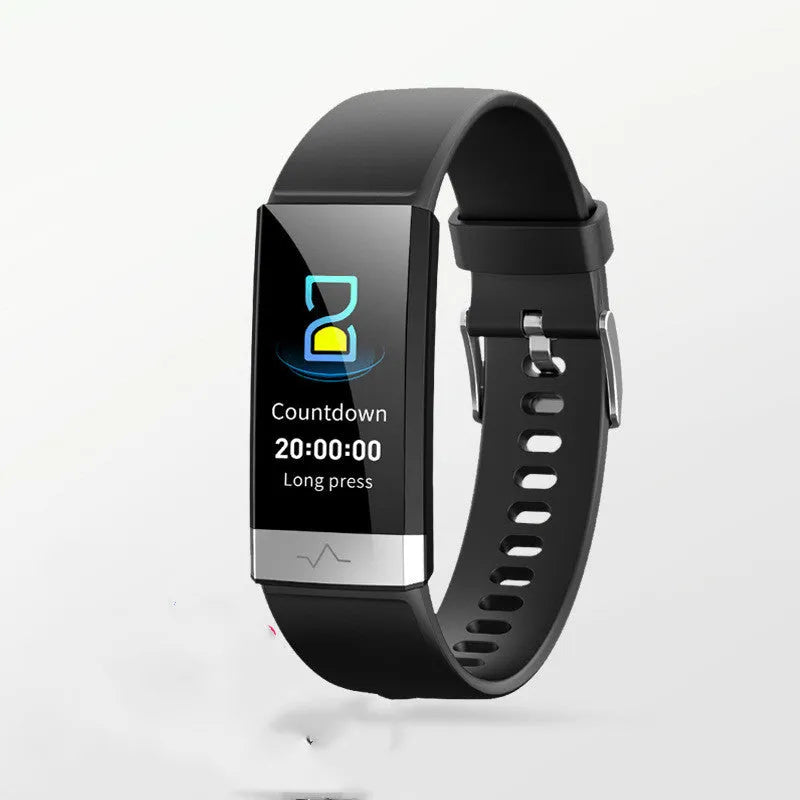 V19 smart fitness tracker in black with a colour display showing heart rate and SpO2 data.