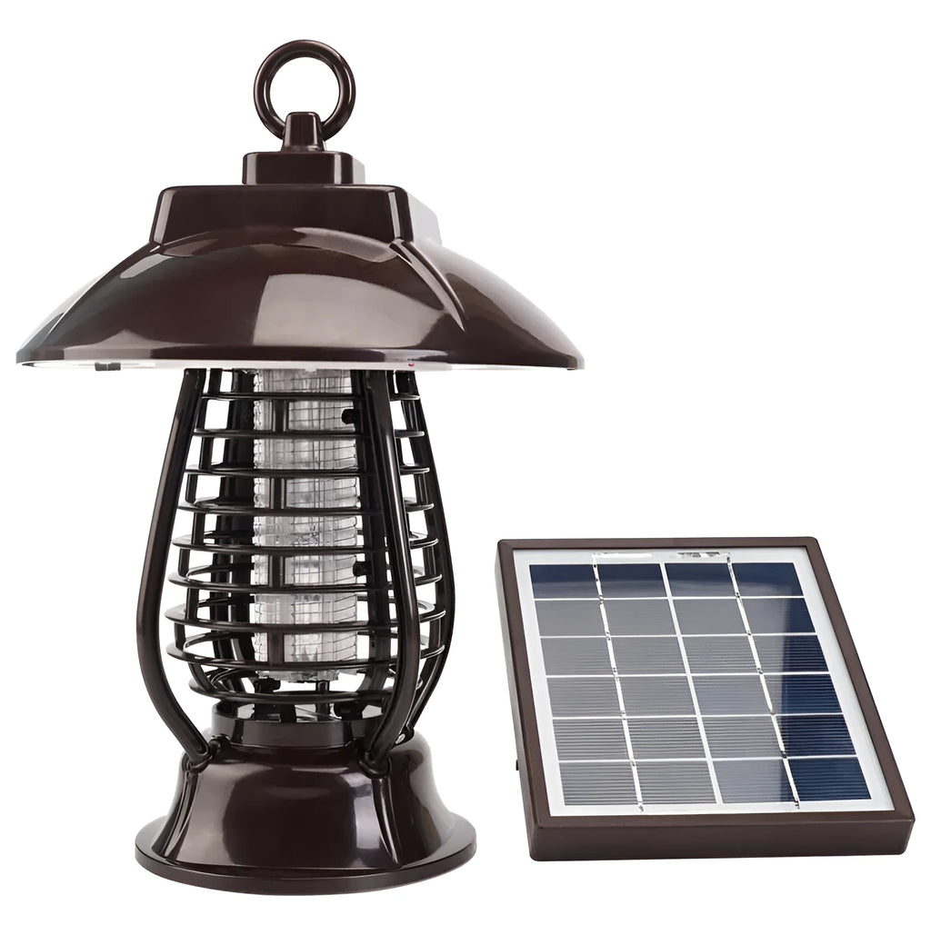 Black solar mosquito lamp with solar panel and LED lights for outdoor insect control