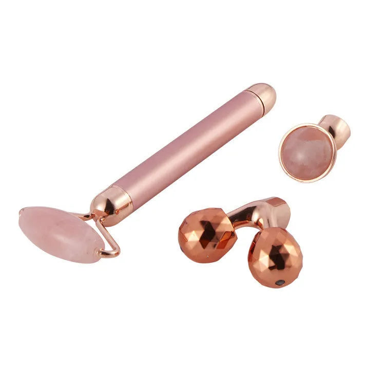 3-in-1 vibrating facial jade roller set with rose quartz heads in rose gold colour