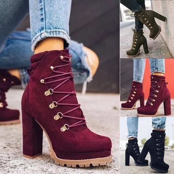 Women's genuine suede high heel boots in army green colour with round toe and buckle detailing