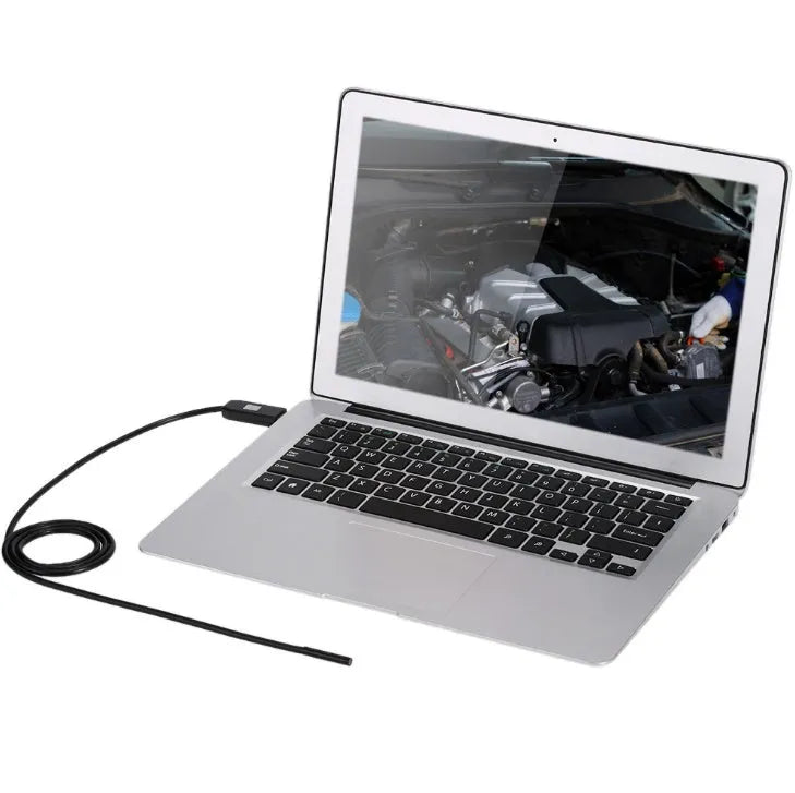 OWSOO USB endoscope camera with flexible cable, magnet, hook, and side mirror next to a smartphone.