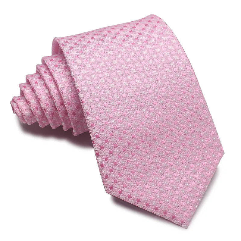 Man's red, black, and blue striped jacquard business tie with an 8cm width.