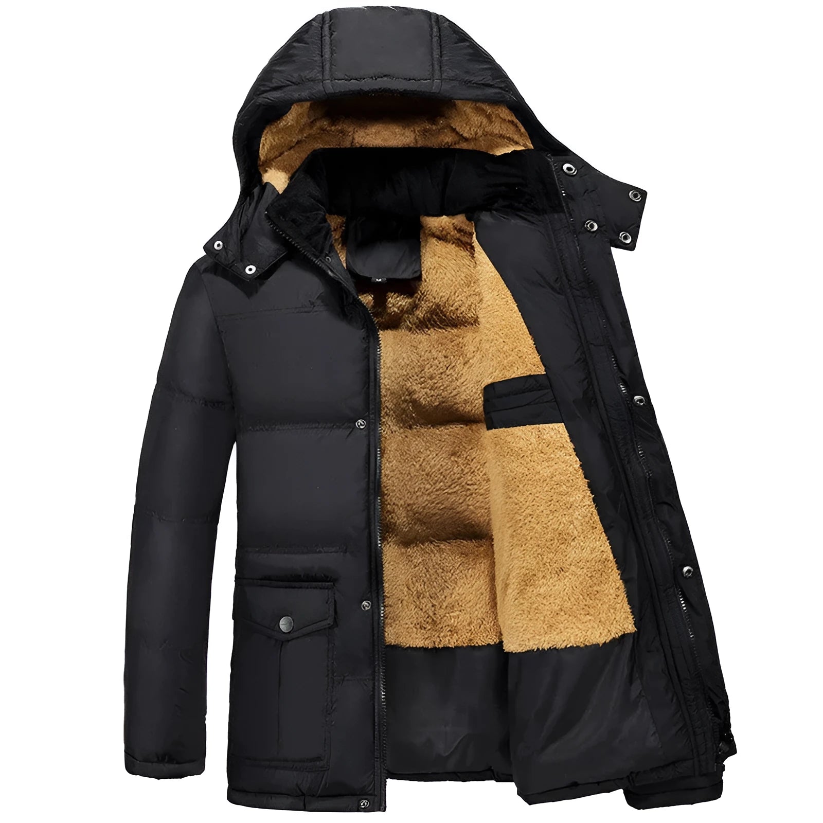 Man wearing a loose black velvet padded jacket with a double-breasted front and hood.