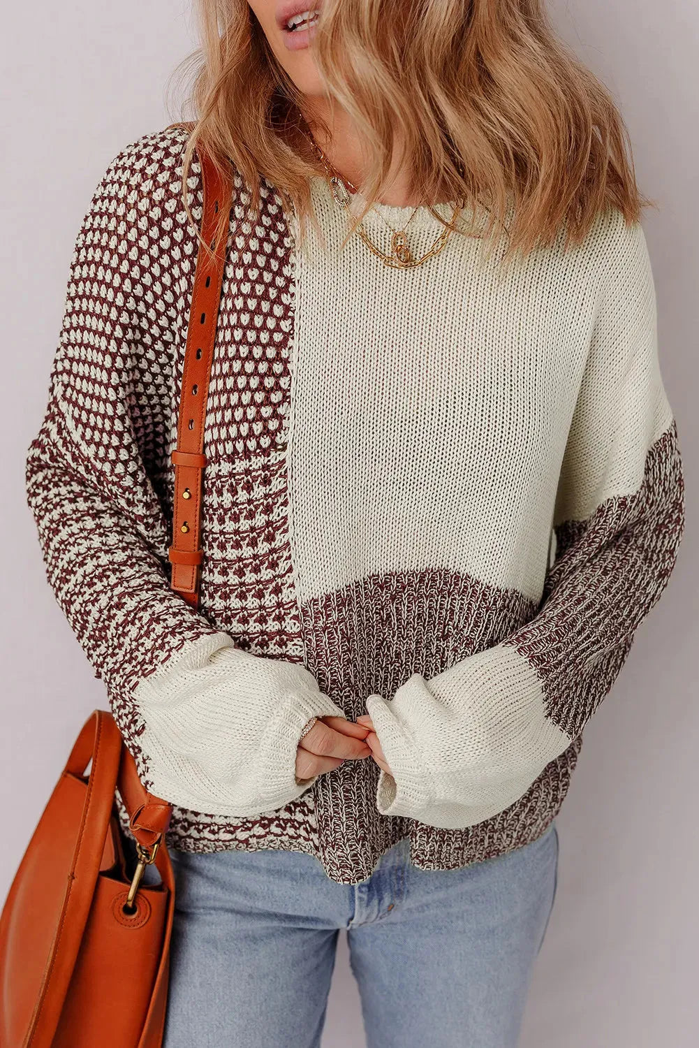 Dark khaki colour block women's loose sweater with drop shoulders and a back tie detail.