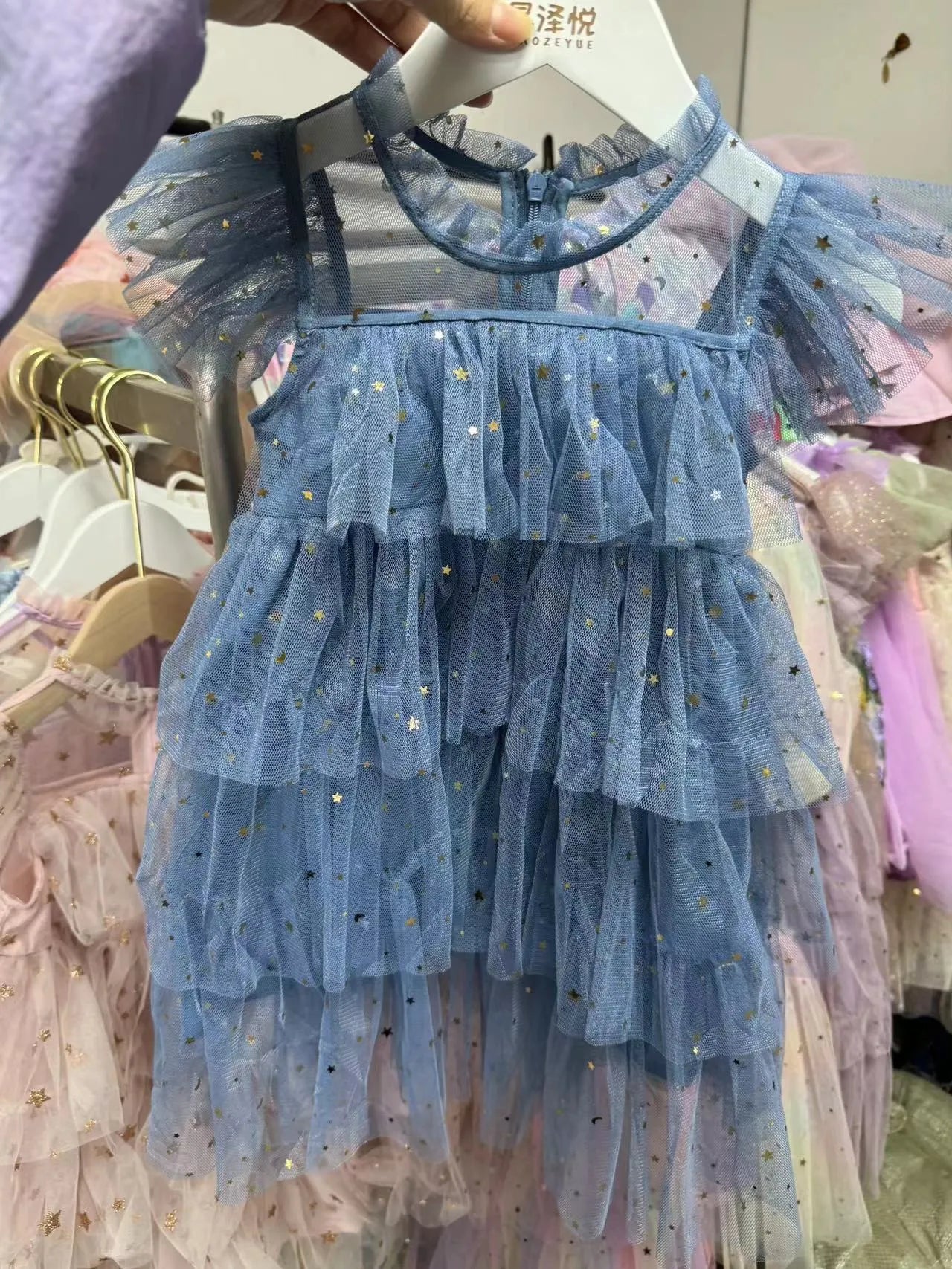 Girls' sleeveless fairy princess dress with star sequins and cake pattern, available in pink, blue, wine red, white, black and polka dot flounced sleeve, sizes 80-160cm