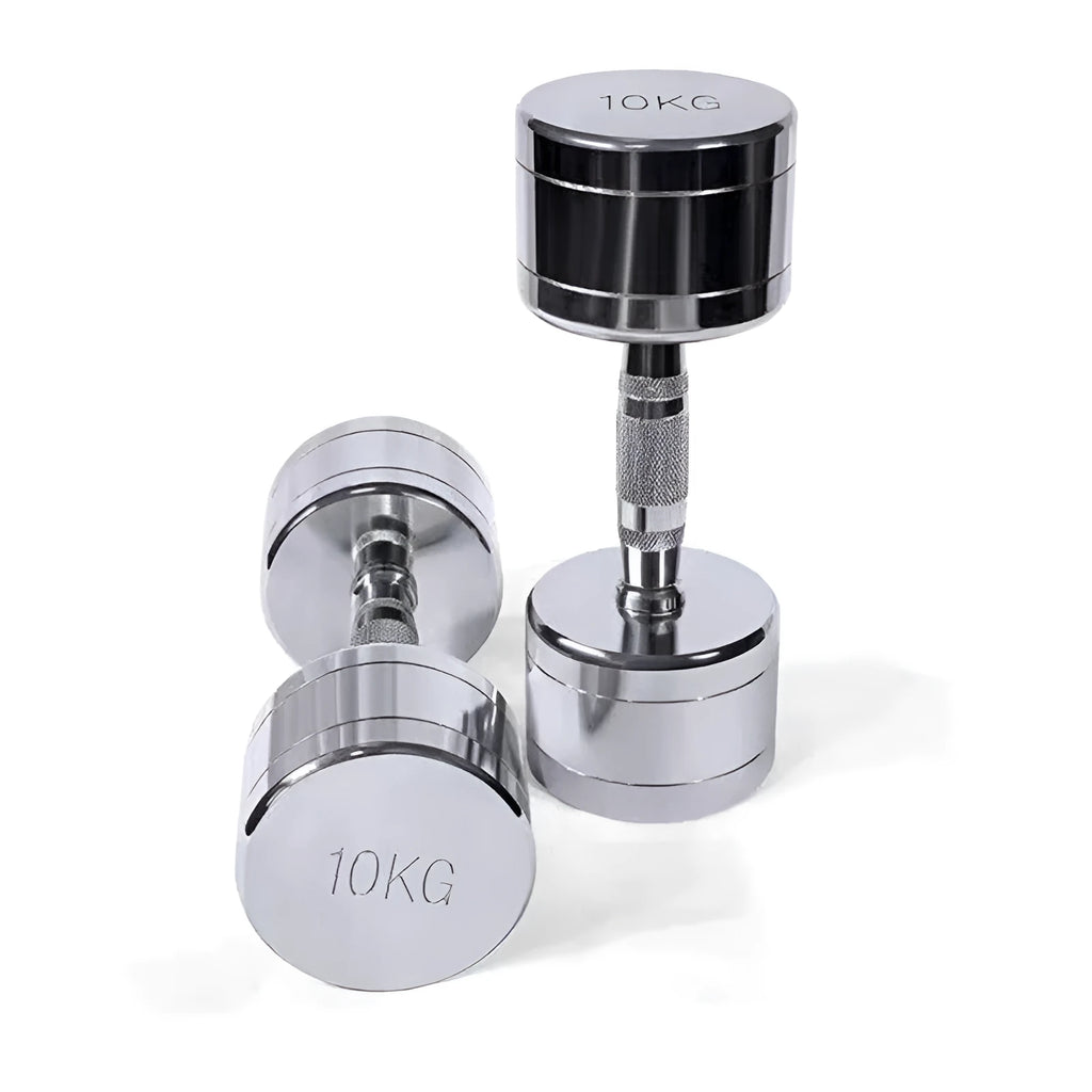 Pure steel dumbbell with silver electroplated finish and ergonomic date-core handle
