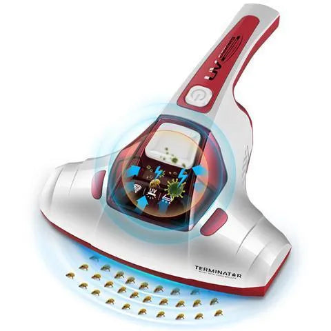 Pink handheld vacuum cleaner with UV-C light for mite removal on mattresses and sofas