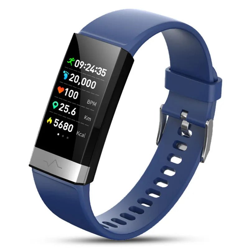 V19 smart fitness tracker in black with a colour display showing heart rate and SpO2 data.
