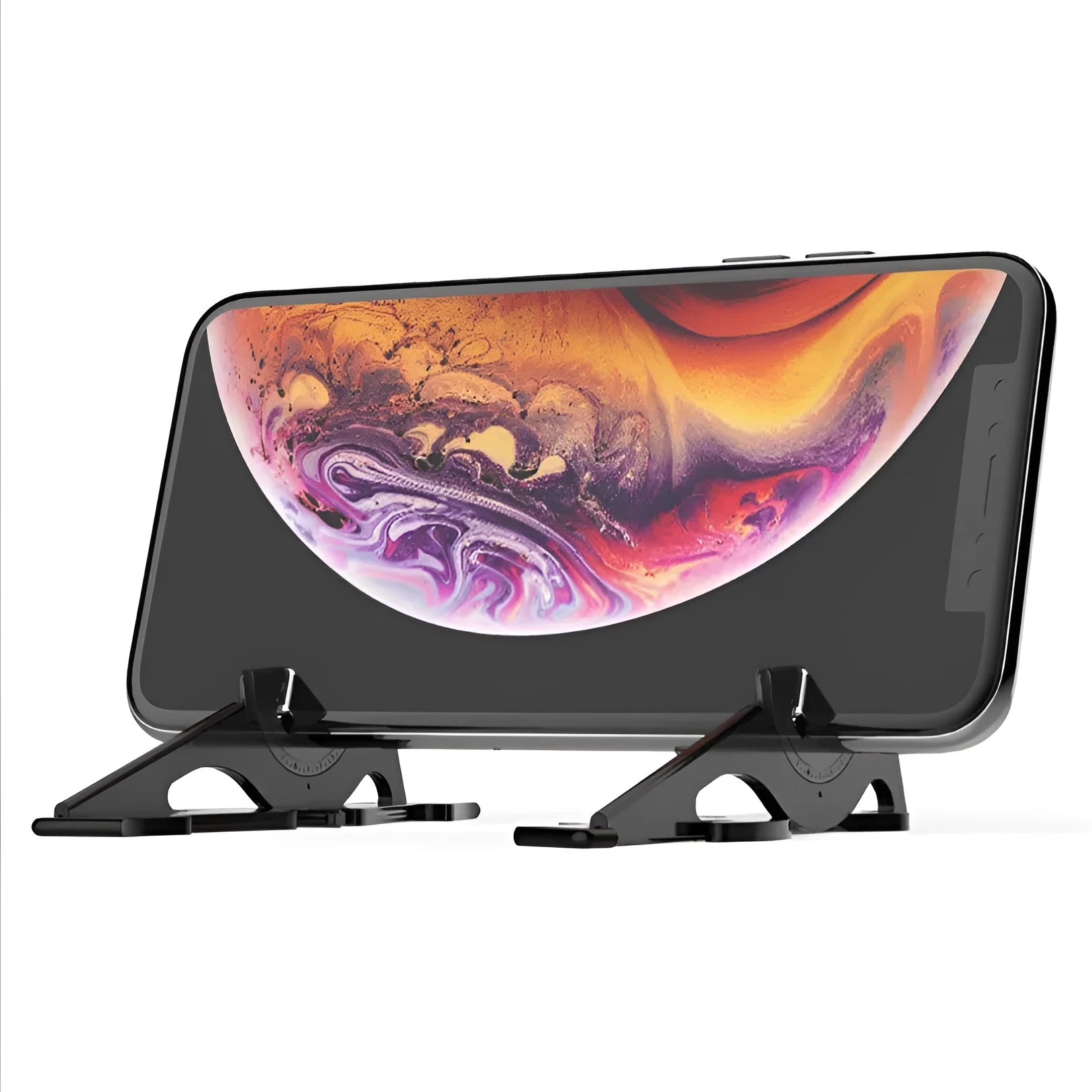 A black plastic card-shaped mobile phone holder on a desk, holding a smartphone at an angle.