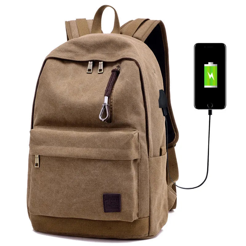 Canvas backpack with USB charging port and computer pocket in neutral colours