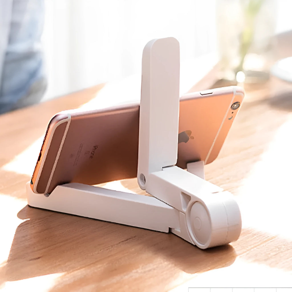 Black foldable aluminium tablet holder open in landscape mode supporting an iPad, showing side adjustment buttons.