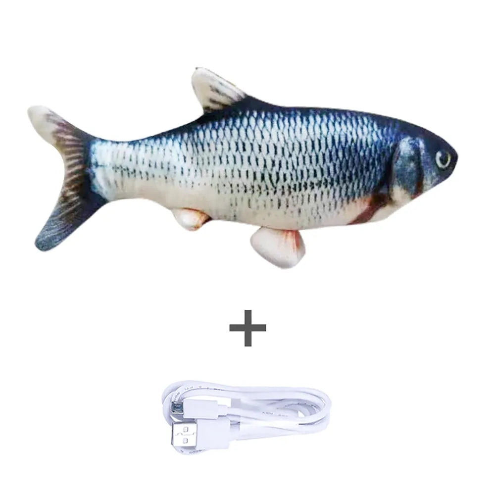 Multicolor USB rechargeable electric jumping fish cat toy measuring 30cm long