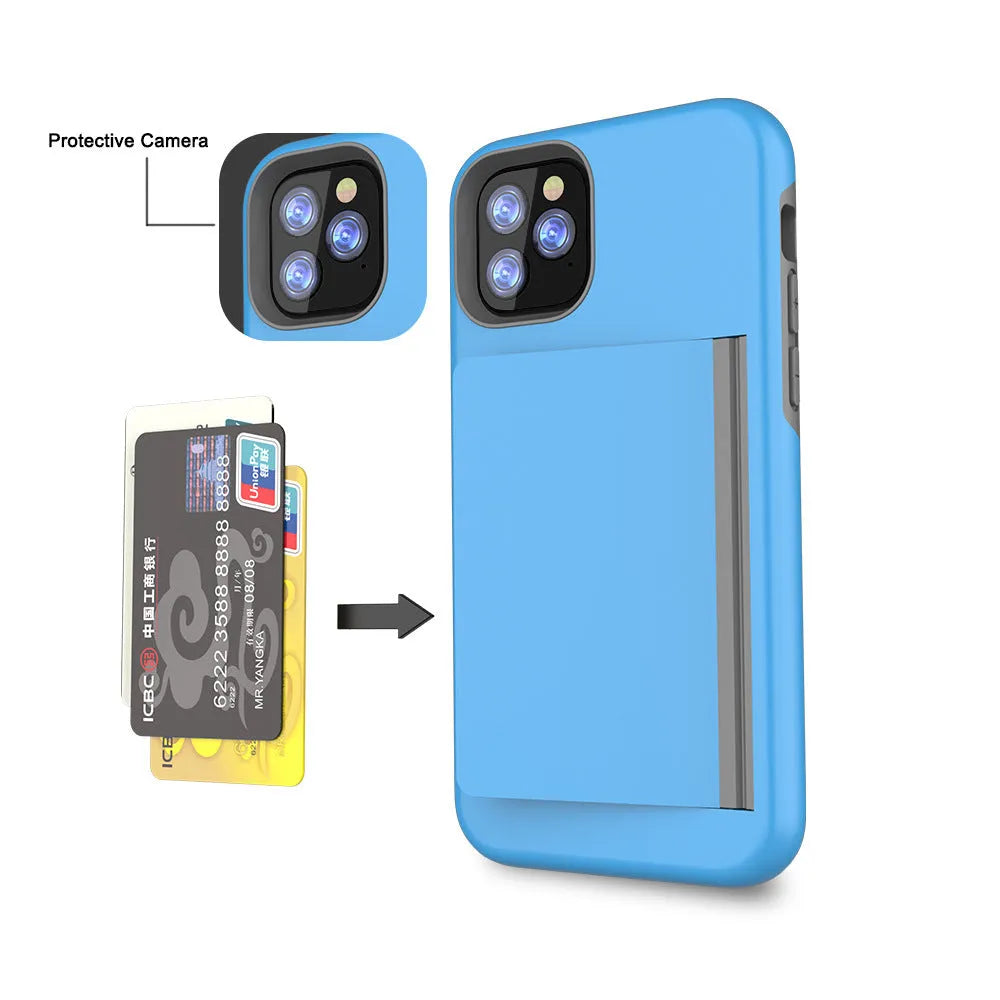 iPhone 11 protective case in TPU+PC material showing black, red, pink, dark blue, blue, and purple colour options