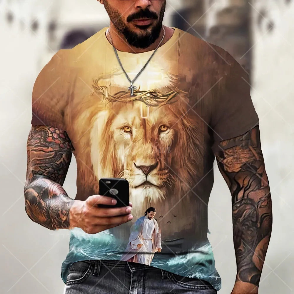 Men's grey t-shirt with a 3D printed Jesus face design on the chest