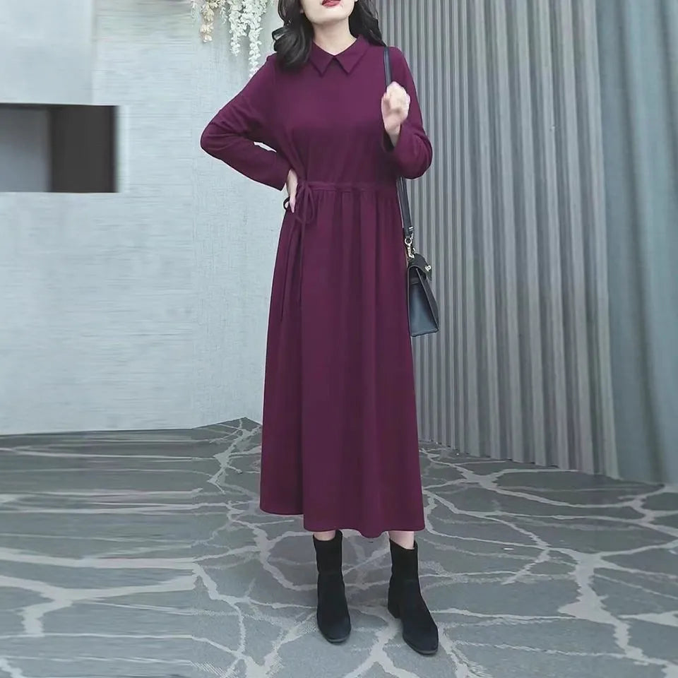 Purplish red plus size long sleeve dress for women with extra long sleeves and urban office style