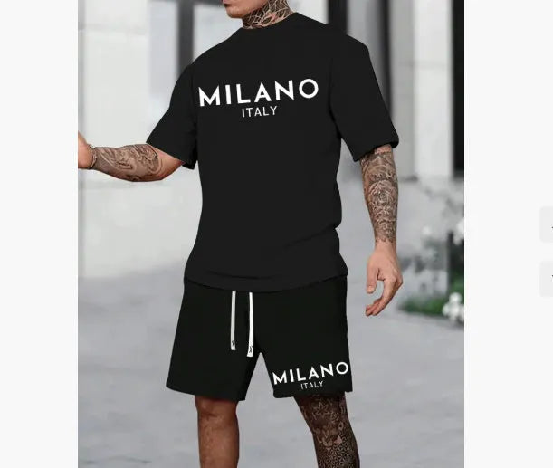 Men's short sleeve suit set with round neck pullover top and matching shorts in five colour options