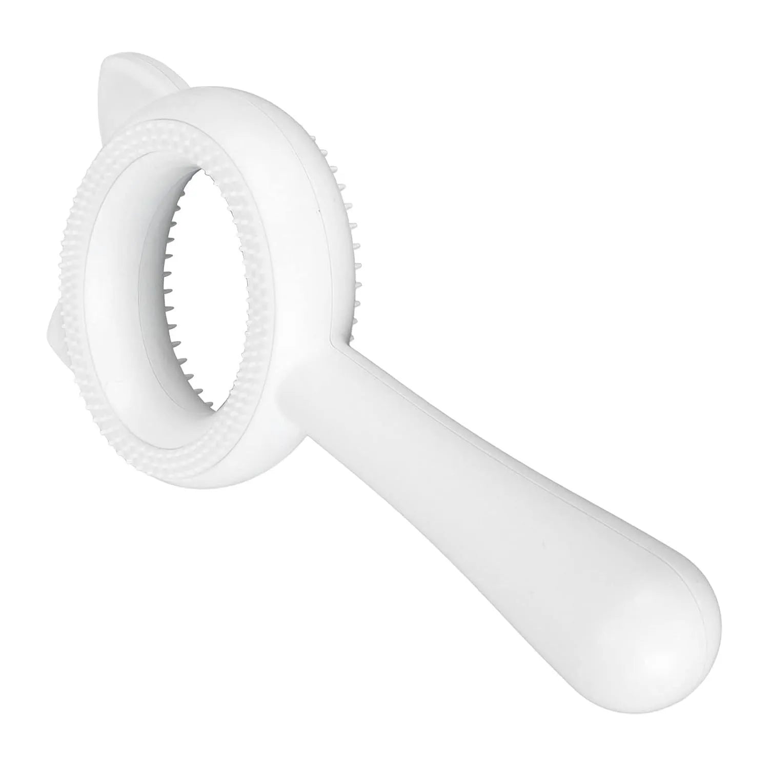 Blue and white double-sided pet grooming brush with deshedding comb and massage bristles