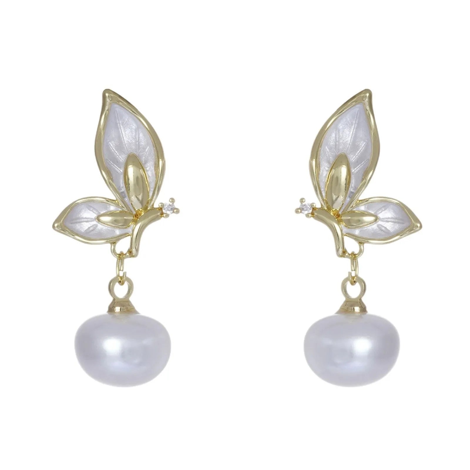 A pair of women's butterfly stud earrings in electroplated copper, colour PT0203, with simple style and painted zircon detail.