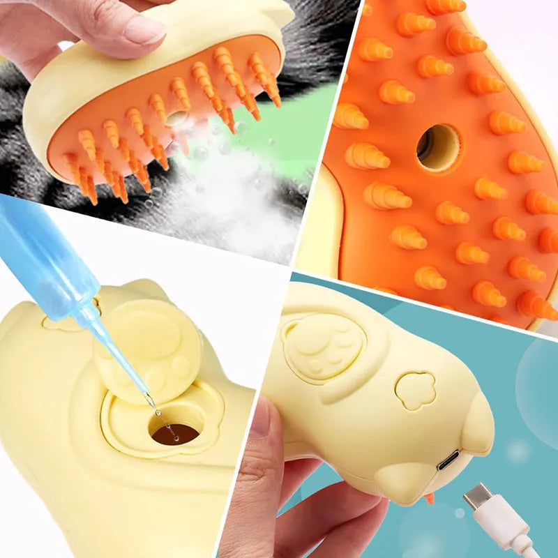 3-in-1 steam pet grooming brush with medium-sized handle for cats and dogs