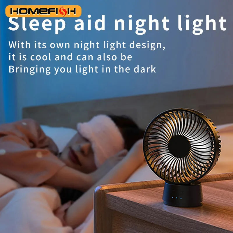 HOMEFISH F2 portable fan with automatic head shake, LED light, and removable mounting bracket.