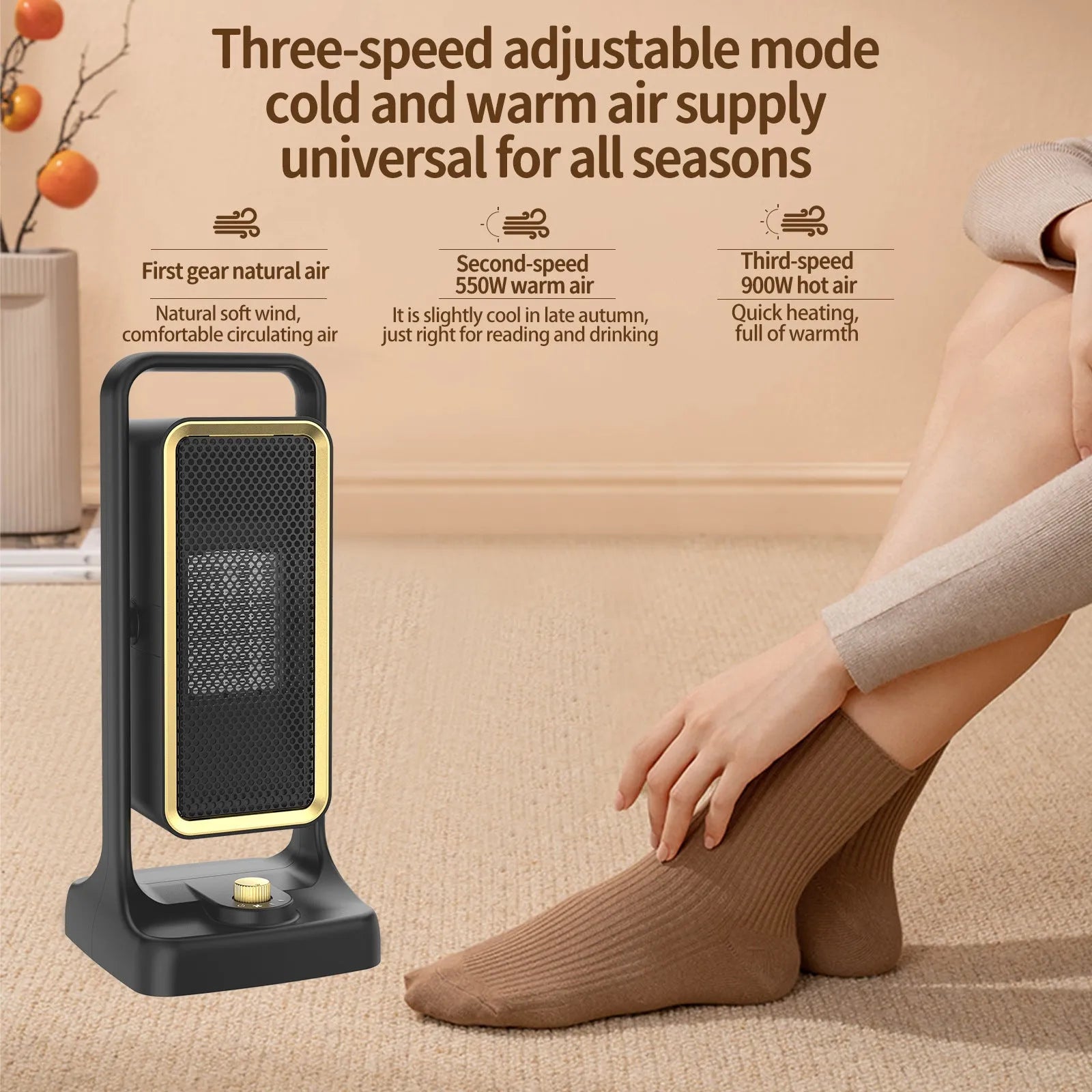 Black PTC ceramic desktop heater showing control knob and compact dimensions