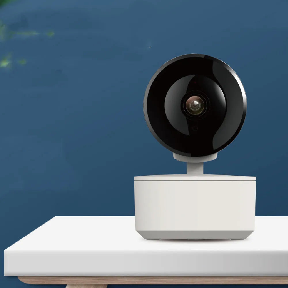 White indoor WiFi security camera with rotation capability and infrared sensors for night vision