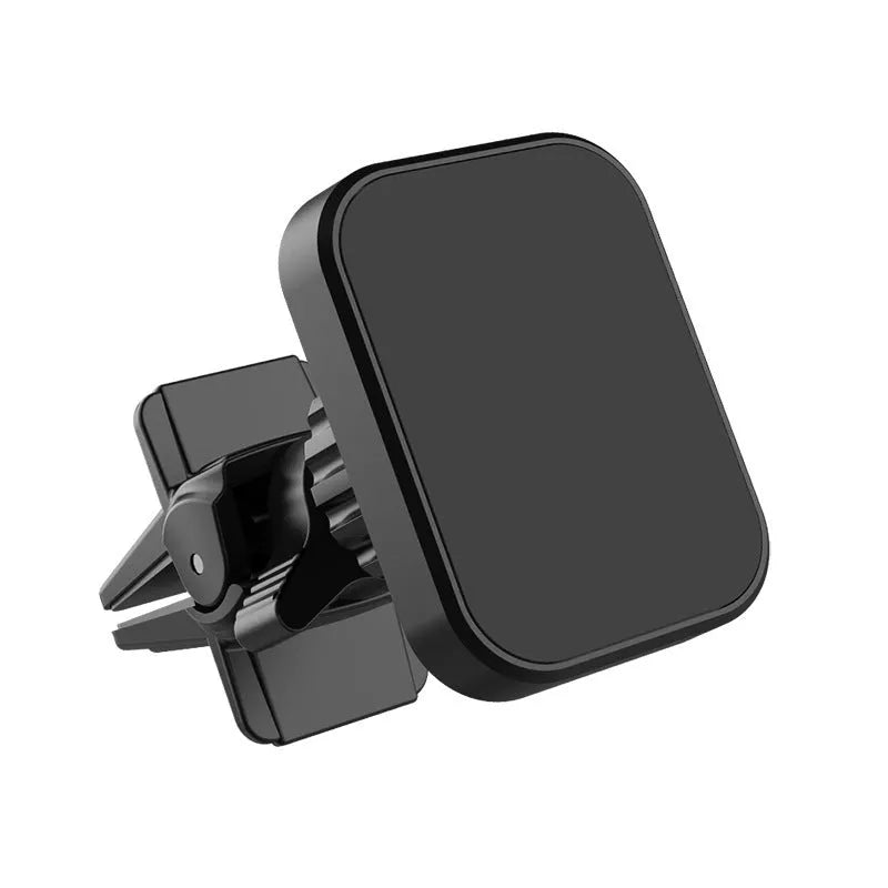Black magnetic car phone holder attached to a car air vent, showing round and square head style options.