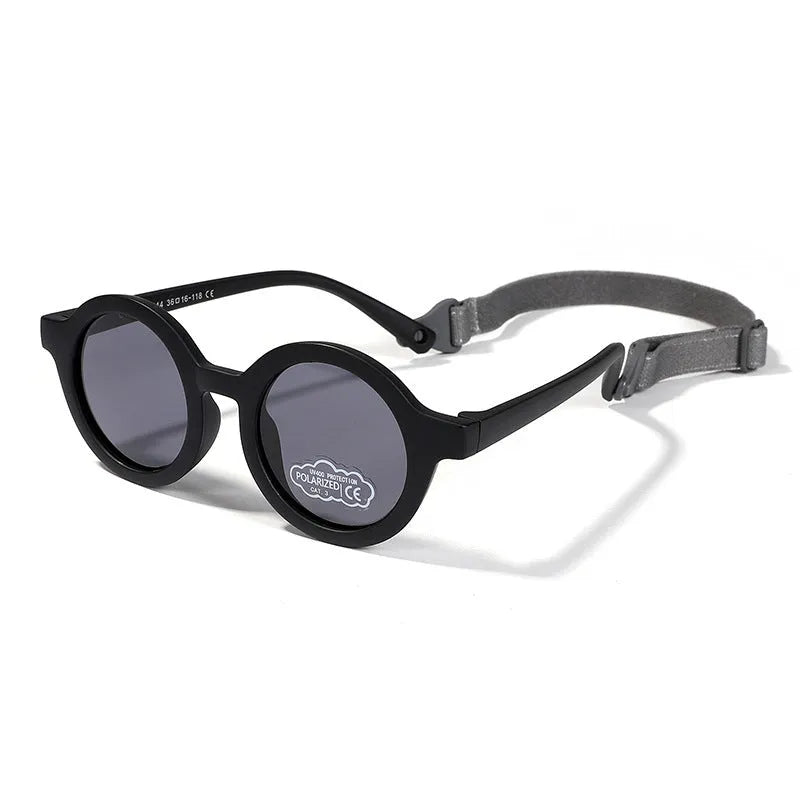 Children's silicone sunglasses with round frames for 0-3 year olds in multiple colour options showing UV400 and polarized protection