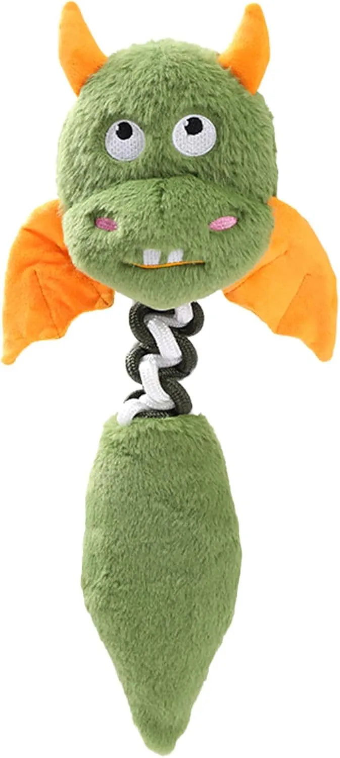 Large black plush dog toy with rope knot, shown next to a red and green version.