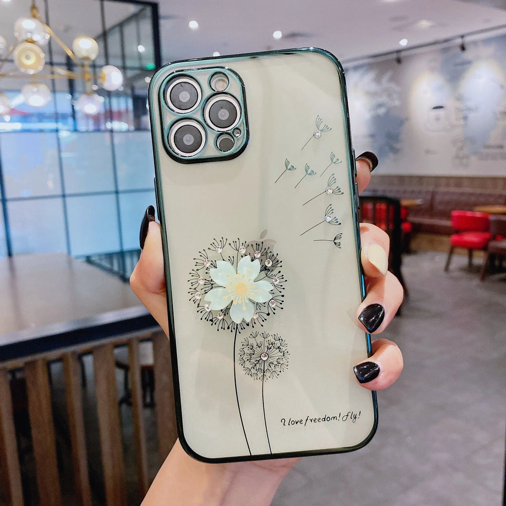 Green 3D floral design iPhone case with a spin stand unfolded on a white background.