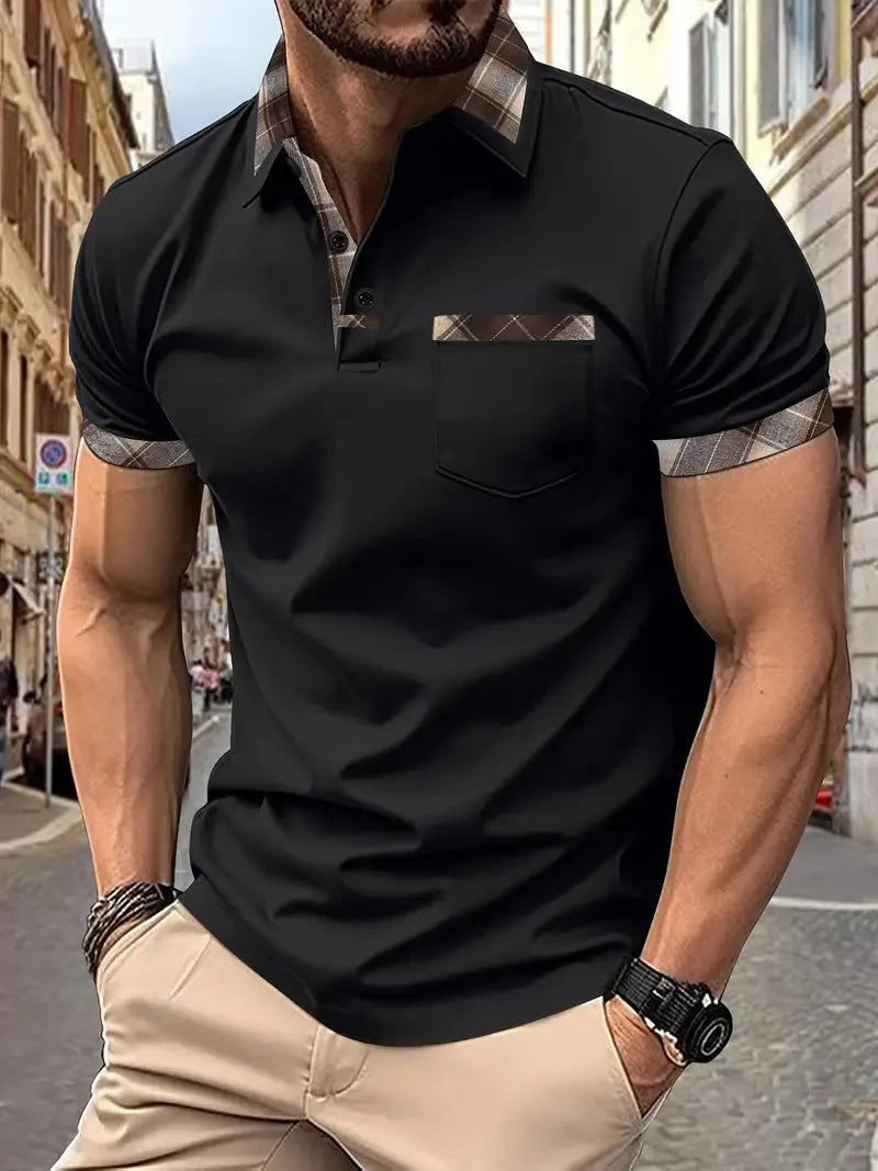 Men's loose fit plaid colourblock short sleeve T-shirt on a white background