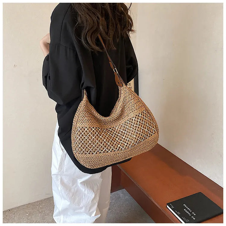 Women's casual straw cross body bag in khaki colour with horizontal square design and outer sandwich pocket