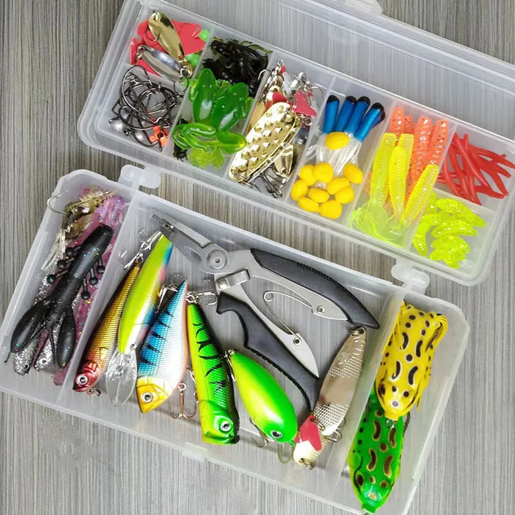 142-piece fishing lure set with metal and plastic baits, sequins, hooks, and fishing pliers in various colours