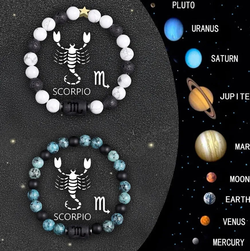 Natural stone beaded zodiac bracelets showing twelve different birth sign designs on elastic cords