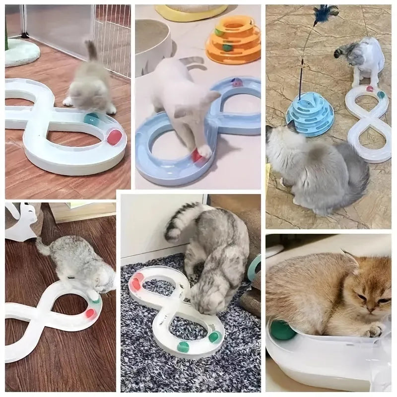 Blue and white cat turntable track toy with ball measuring 50cm long