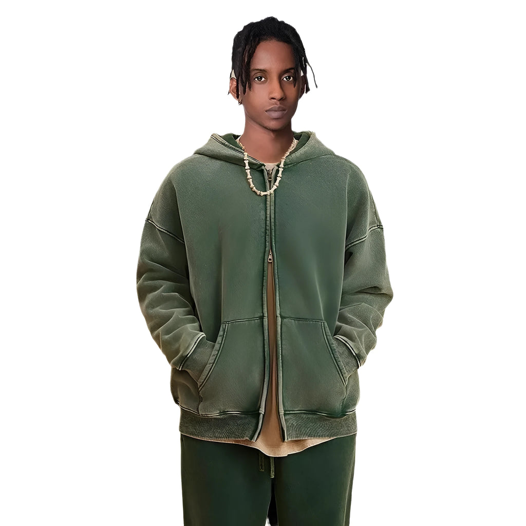 Men's vintage-style dark green fleece-lined hooded cardigan with a double zip front.