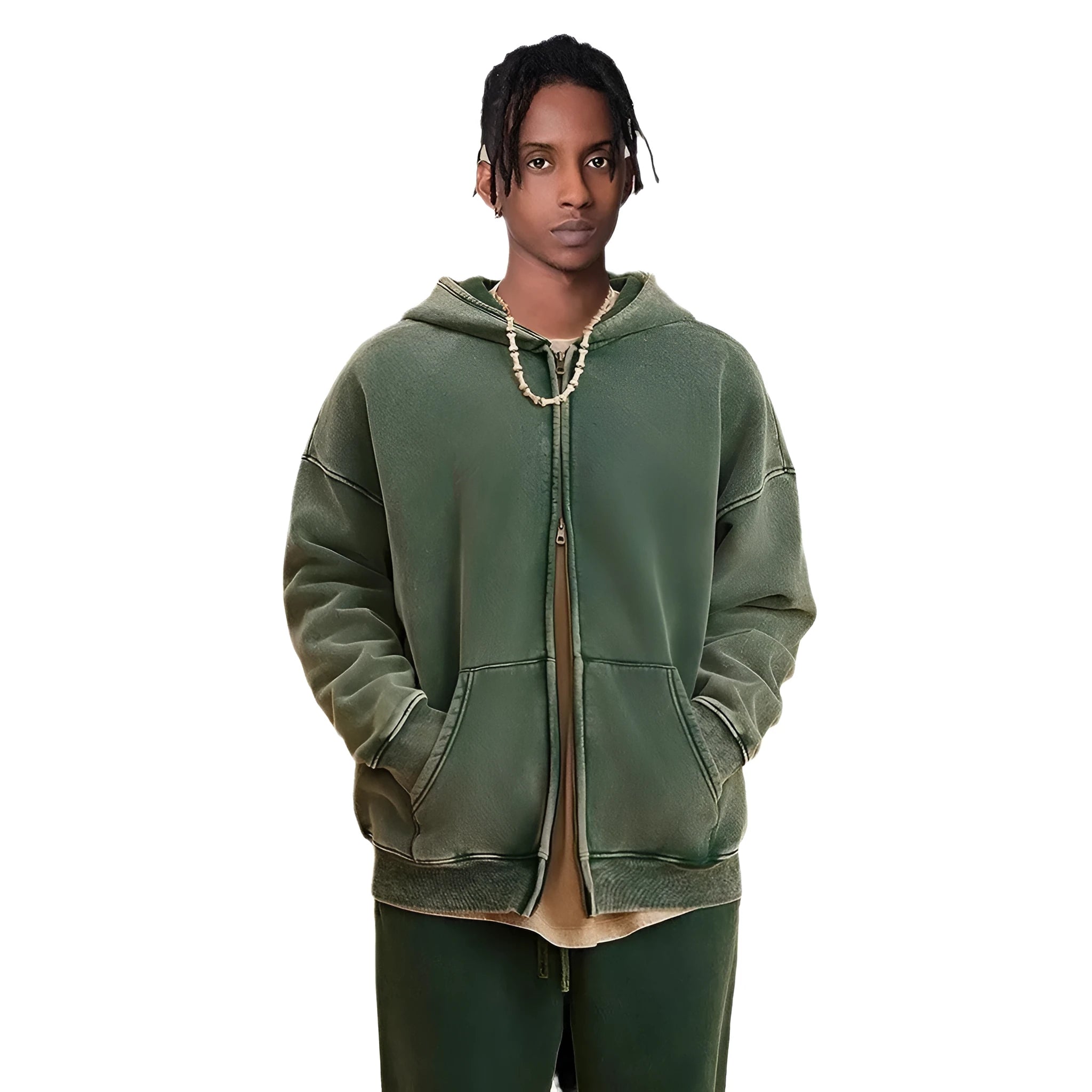 Men's vintage-style dark green fleece-lined hooded cardigan with a double zip front.