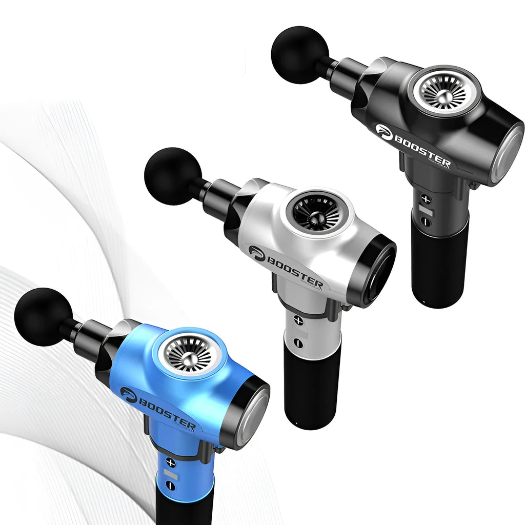 Black and white portable massage gun with adjustable speed control for muscle therapy