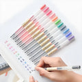 Set of 12 Muji gel pens with 0.5mm fine nibs showing ink prevention mechanism