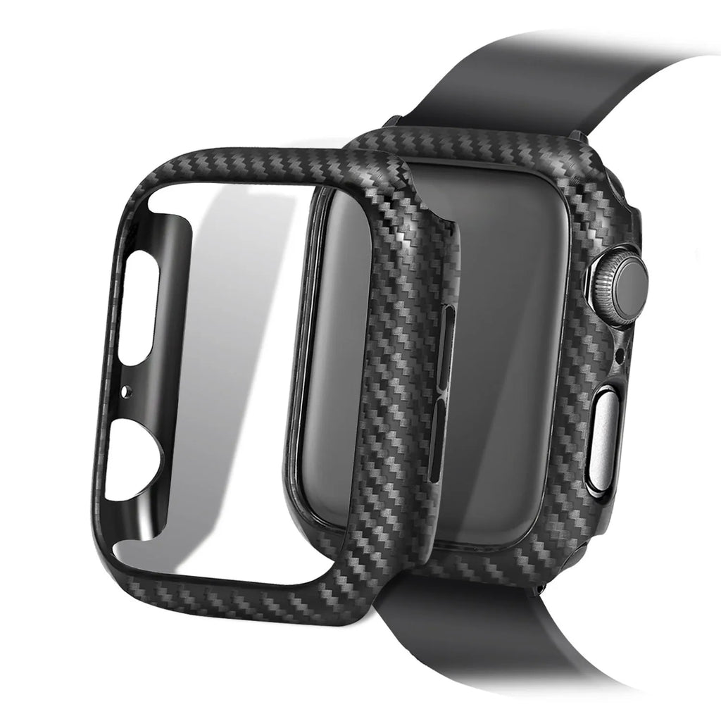 Compatible carbon fibre and leather Apple Watch strap with PC hard case in red, black, orange, and blue colour options.