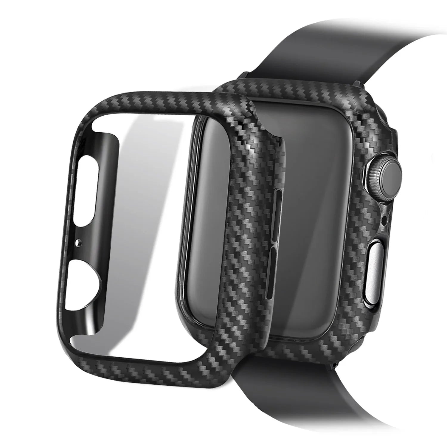 Compatible carbon fibre and leather Apple Watch strap with PC hard case in red, black, orange, and blue colour options.