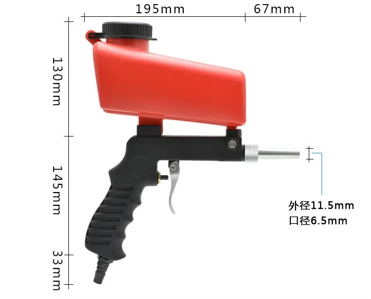 Portable black or blue gravity feed pneumatic sandblasting gun with tank and nozzle.