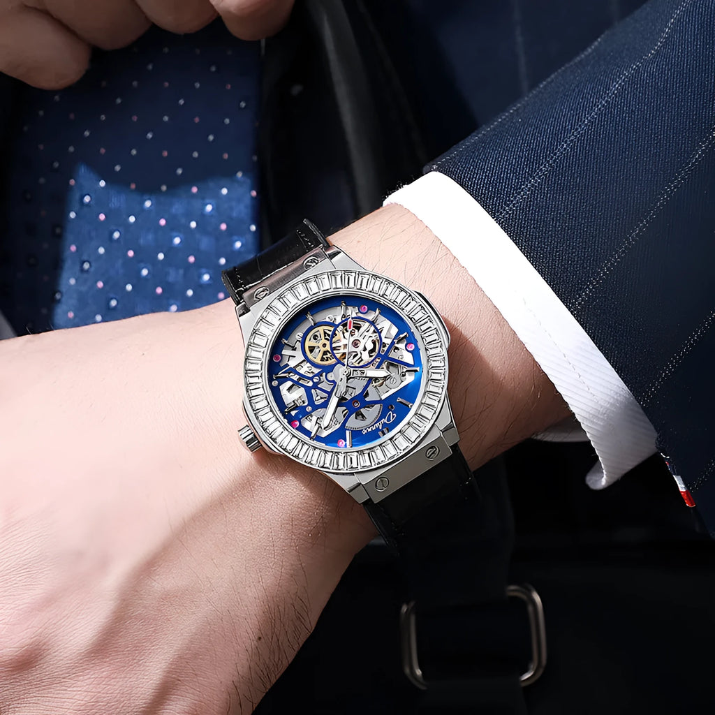 Automatic mechanical men's watch with skeleton dial, diamond studs, and white steel case.