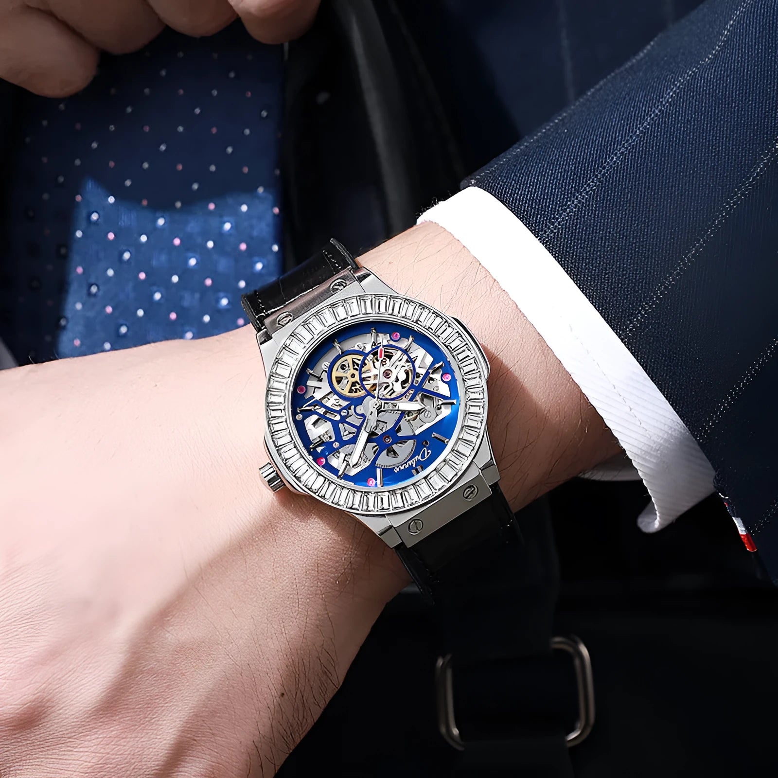 Automatic mechanical men's watch with skeleton dial, diamond studs, and white steel case.