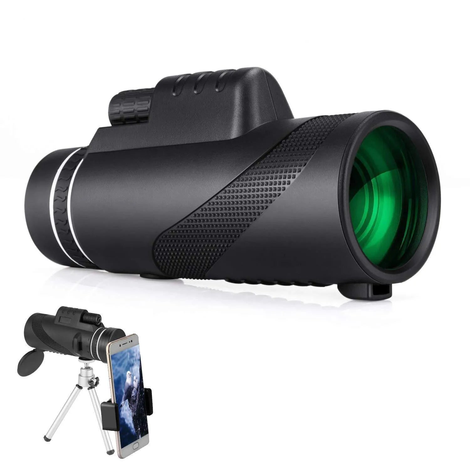 Black HD monocular telescope with 40x magnification and 60mm objective lens for smartphone photography