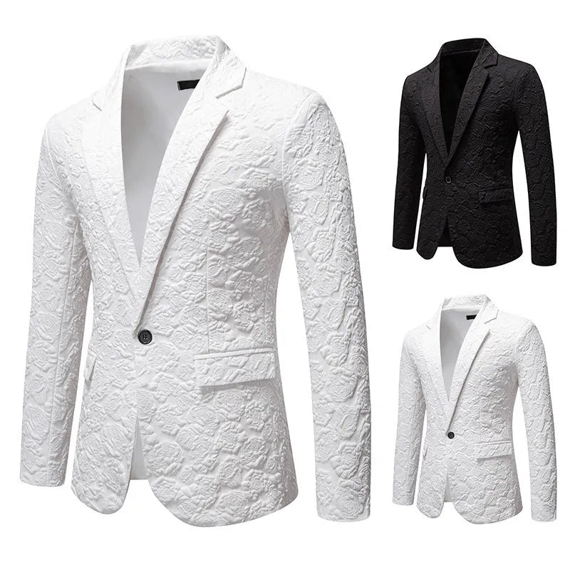 Slim-fit groom suit top in black with bag cover seam pocket, polyester blend, front view on mannequin