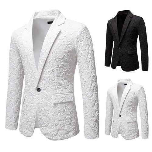 Slim-fit groom suit top in black with bag cover seam pocket, polyester blend, front view on mannequin